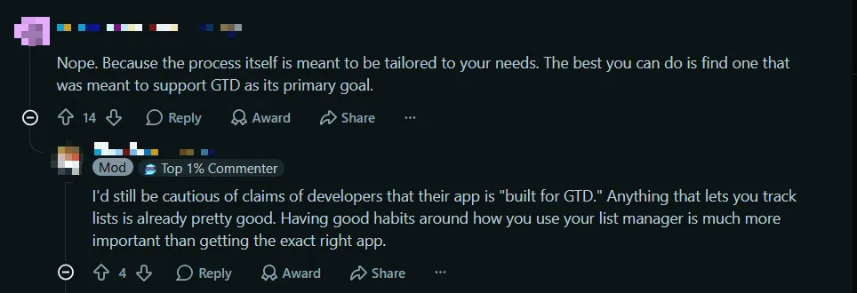 GTD subreddit post showing the community advice to not trust apps and find your own setup