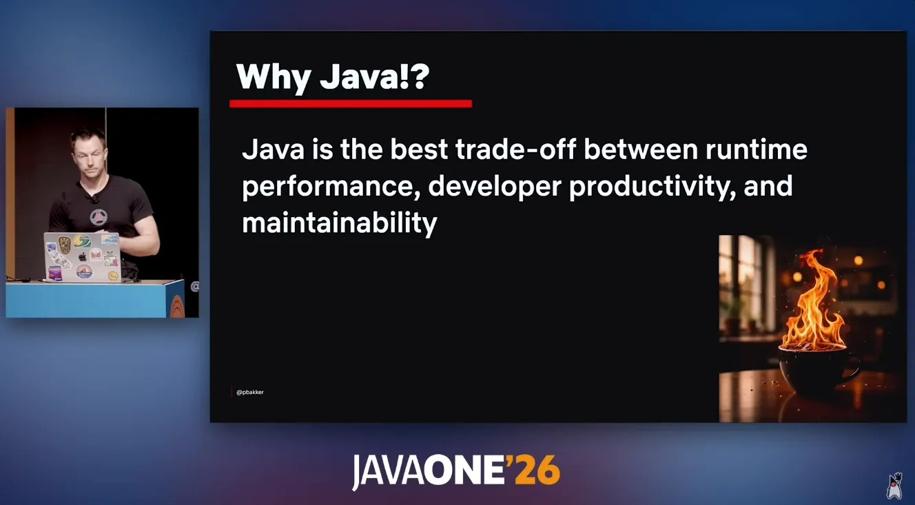 Screenshot from Paul Bakker's "How Netflix Uses Java" talk at JavaOne 2026, where he calls Java the best trade-off between runtime performance, developer productivity, and maintainability